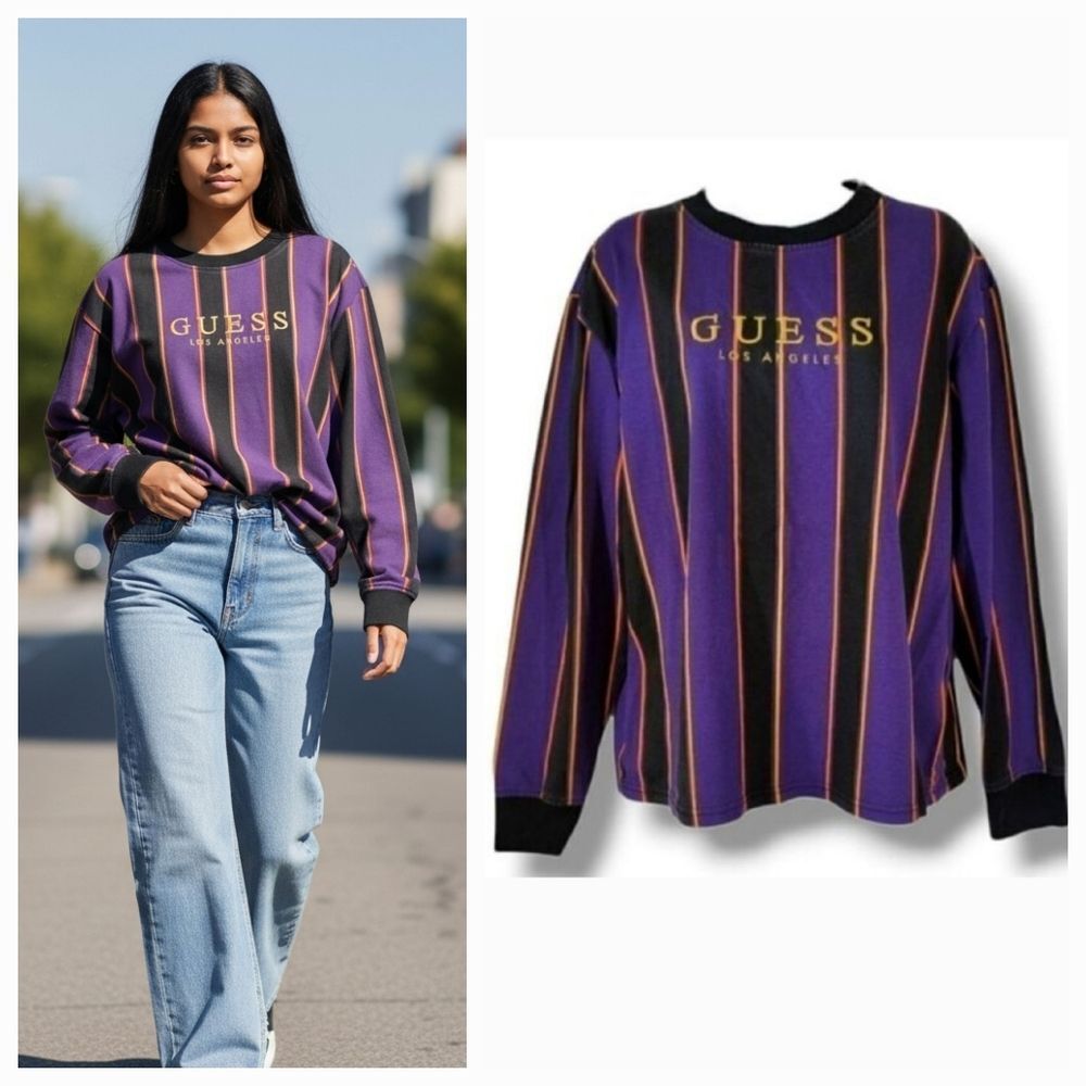 Guess Spell Out Embroidered Logo Retro Striped Longsleeve Crewneck Shirt Small